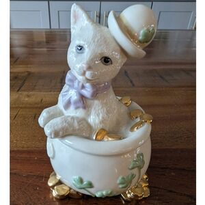 Vtg Lenox St Patricks Day Cat Pot of Gold Porcelain Figurine Shamrock Gold Trim